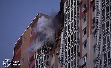 A high-rise block in Kyiv that was struck by a Russian drone on 2 October 2026