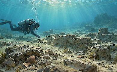 Illustration: ruins of a sunken medieval city on the bed of Lake Issyk-Kul