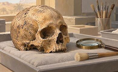 Illustrated ancient skull without a lower jaw on a museum tray next to a magnifying glass and a brush.