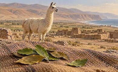 Illustrated white llama against a dry valley and ruins, with leaves on a cloth in the foreground.