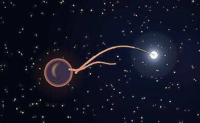 An artistic editorial illustration of a gas giant next to a white dwarf, with a stream of matter flowing between them