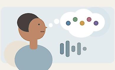 Editorial illustration of a child and a cloud of thoughts with five coloured dots