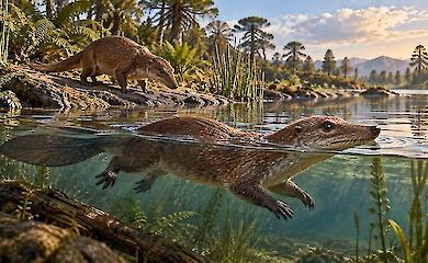 Two imaginary small brown mammals with long bodies and tails by a lake, one swimming underwater among Jurassic plants