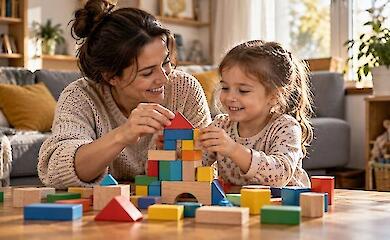 A mother and her little daughter smile as they build a house from colorful wooden blocks at a table at home