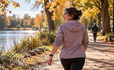 A woman wearing a fitness tracker walks through an autumn park along a lake