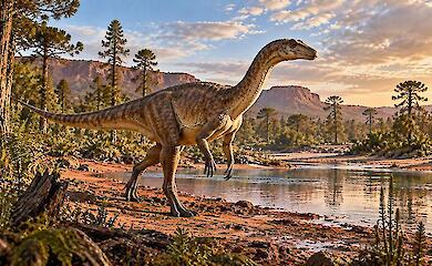 A long-necked bipedal dinosaur with a long tail stands by a river among conifers and red rocks of an ancient landscape