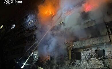 A multi-storey building is on fire in Kyiv following a Russian attack. 14 October 2026