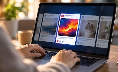 A laptop showing a conceptual social media feed where a bright post stands out among muted images.