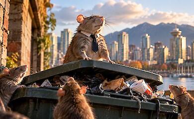 A rat in a tie stands on an overflowing garbage bin, surrounded by other rats, with a cityscape in the distance.