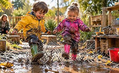 Two children in bright waterproof jackets and rubber boots happily jump in a muddy puddle on a playground.