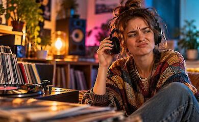 A girl wearing headphones with a displeased expression lifts one ear cup; a record player and vinyl records are beside her.