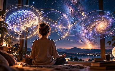 A woman sitting in meditation in front of a starry sky; above her are artistic images of a brain, a galaxy, and glowing connections.