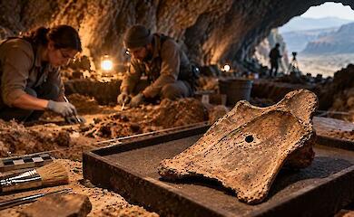 Artistic illustration of archaeological excavations in a cave with a bone fragment on a tray