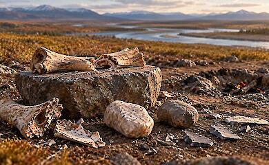 AI-generated illustration: split large bones on a stone block, stone tools and a fire pit in a river valley