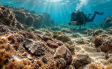 Conceptual AI illustration: worked stone flakes lie on a rocky seabed underwater, with a scuba diver working in the background
