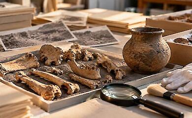 On the table of an archaeological laboratory are bones, a clay vessel, old excavation photographs and tools for studying the finds.
